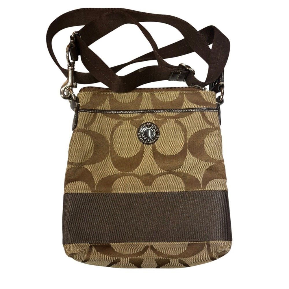 Coach Signature Canvas File Crossbody Bag Khaki Brown Monogram Adjustable Strap
